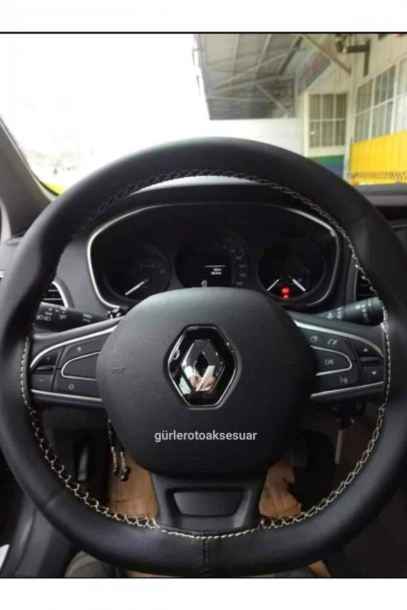 Renault Megane 4 Deri Dikmeli Direksiyon Kılıfı Bej Ipli 11cm ürün görseli 1
