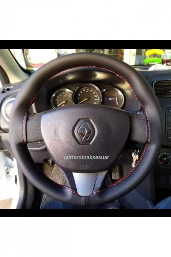 Renault Symbol Deri Dikmeli Direksiyon Kılıfı Soft Kırmızı Ipli 11cm