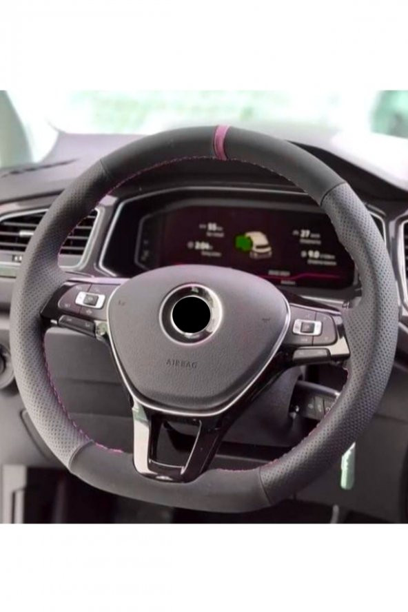 Vw Passat B7-B8 Deri Dikmeli Direksiyon Kılıfı Alkantra-karbon Kırmızı Yüzüklü