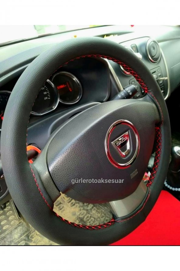 Dacia Logan Deri Dikmeli Direksiyon Kılıfı Soft Kırmızı Ipli 10.5cm A+ Plus - Resim 2