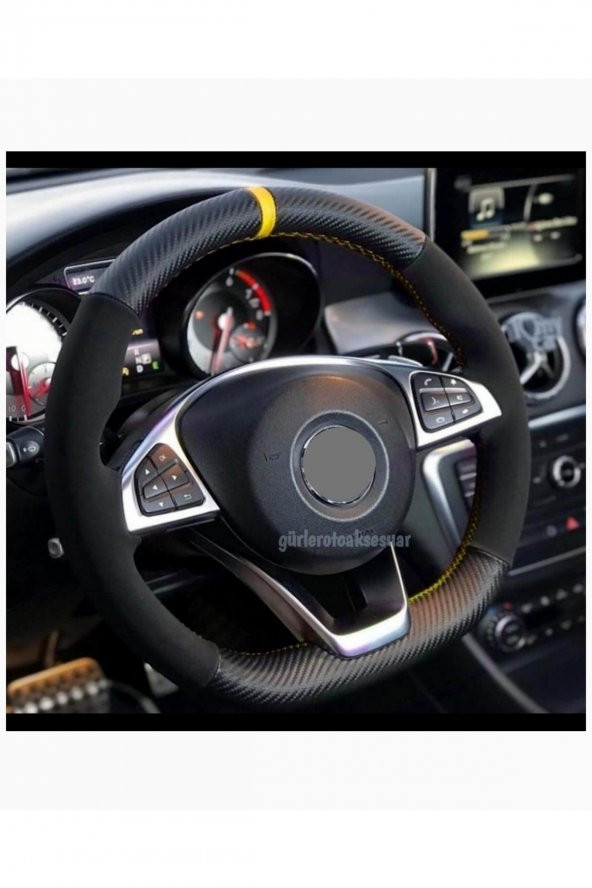 Alfa Romeo Uyumlu Dikmeli Direksiyon Kılıfı Alkantra-karbon Sarı Yüzüklü