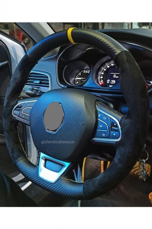 Renault Laguna Uyumlu Alkantra Karbon Sarı Yüzüklü Deri Dikmeli Direksiyon Kılıfı