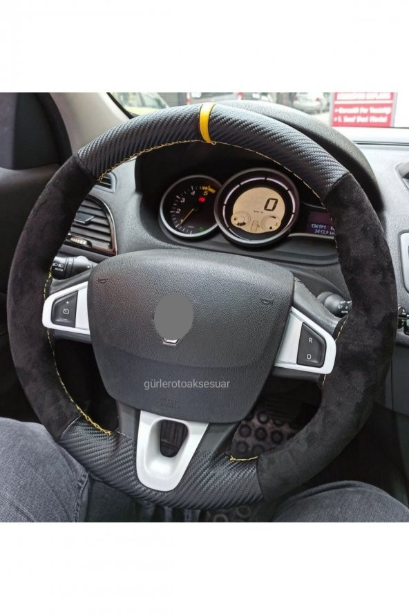 Renault Megane 3 Alkantra (nubuk)karbon Sarı Yüzüklü Deri Dikmeli Direksiyon Kılıfı - 1