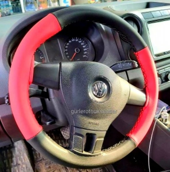 Vw Caddy Deri Direksiyon Kılıfı Iki Renkli Kırmızı-siyah