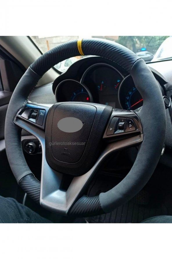 Chevrolet Cruze Dikmeli Direksiyon Kılıfı Alkantra-karbon Sarı Yüzüklü - Resim 2