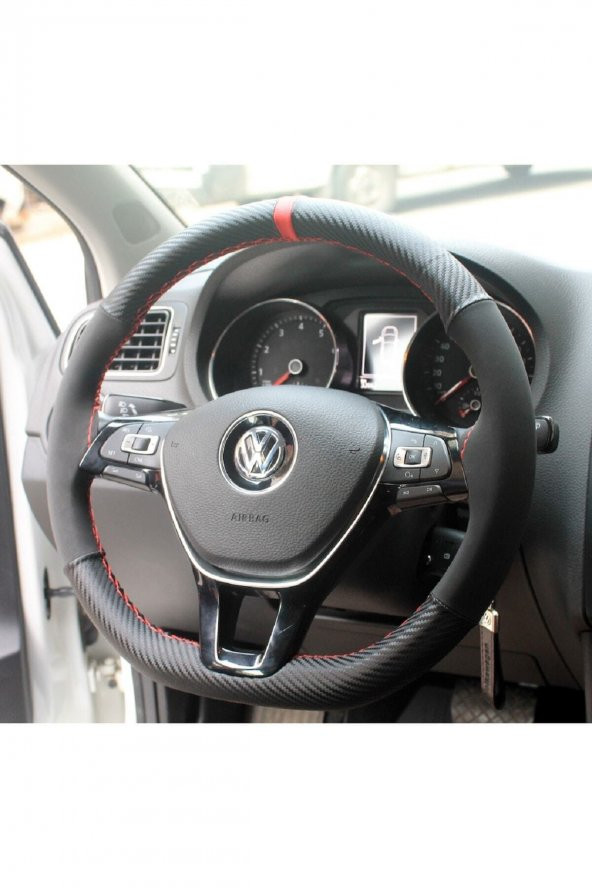 VW Polo Uyumlu (2014-2018) Dikmeli Direksiyon Kılıfı Carbon-Alkantra Kırmızi Yüzüklü