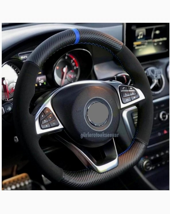 Fiat Fiorino (2010-2021) Dikmeli Direksiyon Kılıfı Carbon Desenli-Alkantra Mavi Yüzüklü