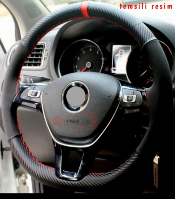 Vw Polo Uyumlu (2014-2018) Dikmeli Direksiyon Kılıfı Carbon Desenli-alkantra Kırmızı