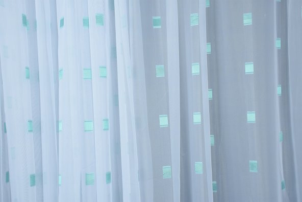 TERGAL YEŞİL KARELİ BEYAZ RENK TEK KANAT Hazır Dikilmiş Pileli Fon Perde 300*260 Cm - Resim 2