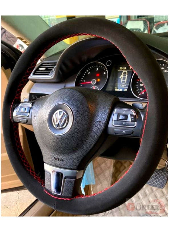 VW Passat Nubuk Alkantra Dikmeli Direksiyon Kılıfı Kırmızı İpli