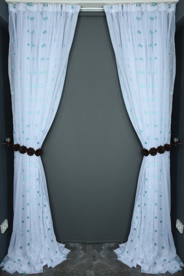 TERGAL YEŞİL KARELİ BEYAZ RENK TEK KANAT Hazır Dikilmiş Pileli Fon Perde 300*260 Cm - Resim 7