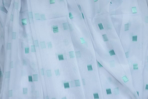 TERGAL YEŞİL KARELİ BEYAZ RENK TEK KANAT Hazır Dikilmiş Pileli Fon Perde 300*260 Cm - Resim 8