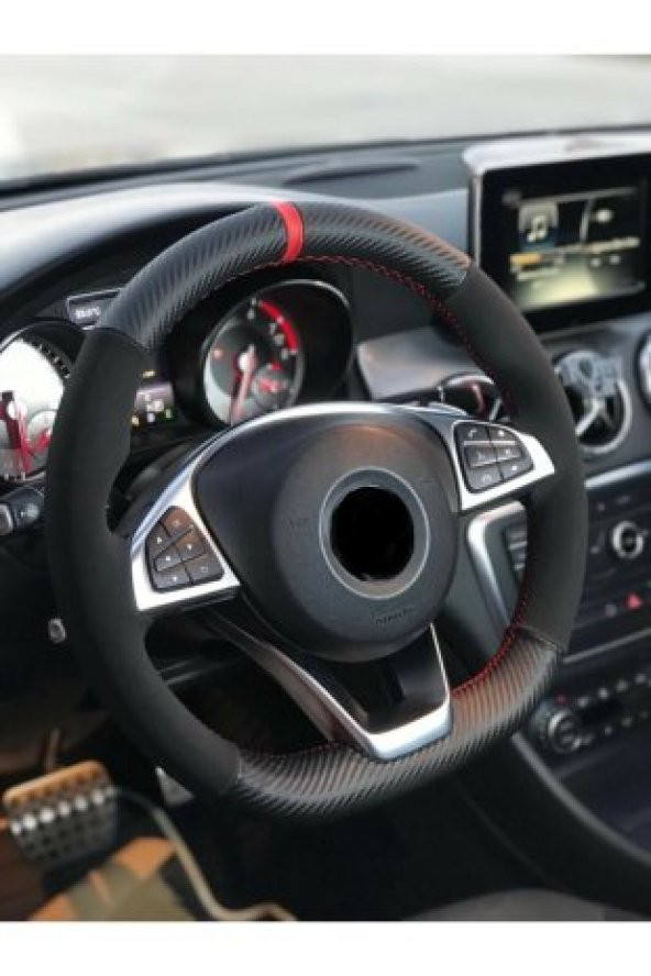 Vw Caddy 2021 Alkantra-Karbon Kırmızı Yüzüklü Direksiyon Kılıf