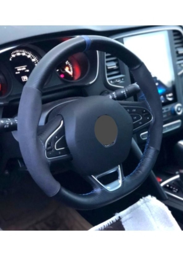Renault Megane 2 Alcantra Mavi Yüzüklü Dikmeli Direksiyon Kılıfı - 1