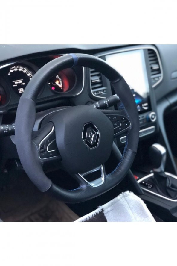 Renault Megane 4 Mavi Yüzüklü Alcantara Nubuk Deri Direksiyon Kılıfı - 2