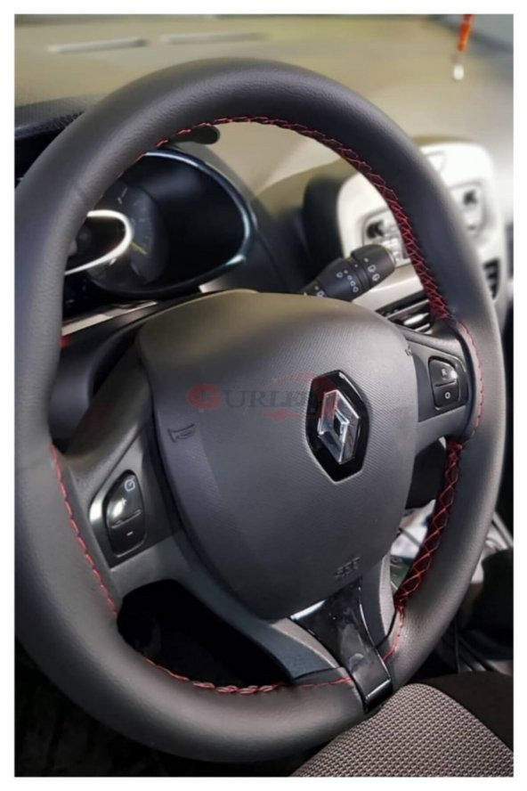 Renault Clio Symbol 2013+ Dikmeli Deri Direksiyon Kılıfı Siyah Deri Kırmızı İpli (11CM)