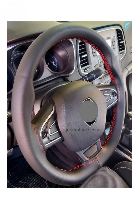 Renault Clio Symbol 2013+ Dikmeli Deri Direksiyon Kılıfı Siyah Deri Kırmızı İpli (11CM) - 2