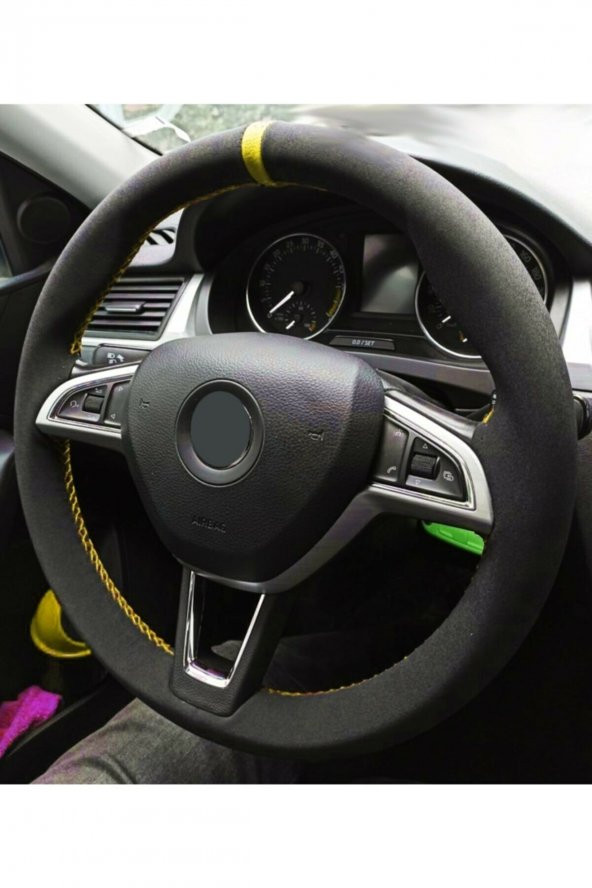 Vw Golf-5,6,7 Alkantra Sarı Yüzüklü Dikmeli direksiyon kılıfı