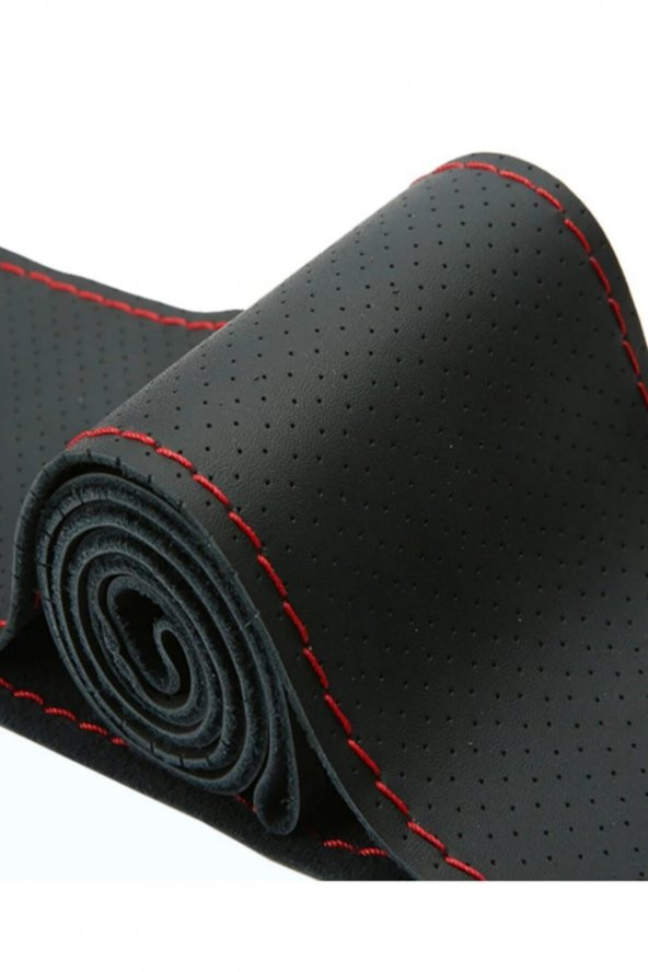 Universal Direksiyon Kılıfı Dikmeli Delikli Desen Kırmızı Ipli - 2