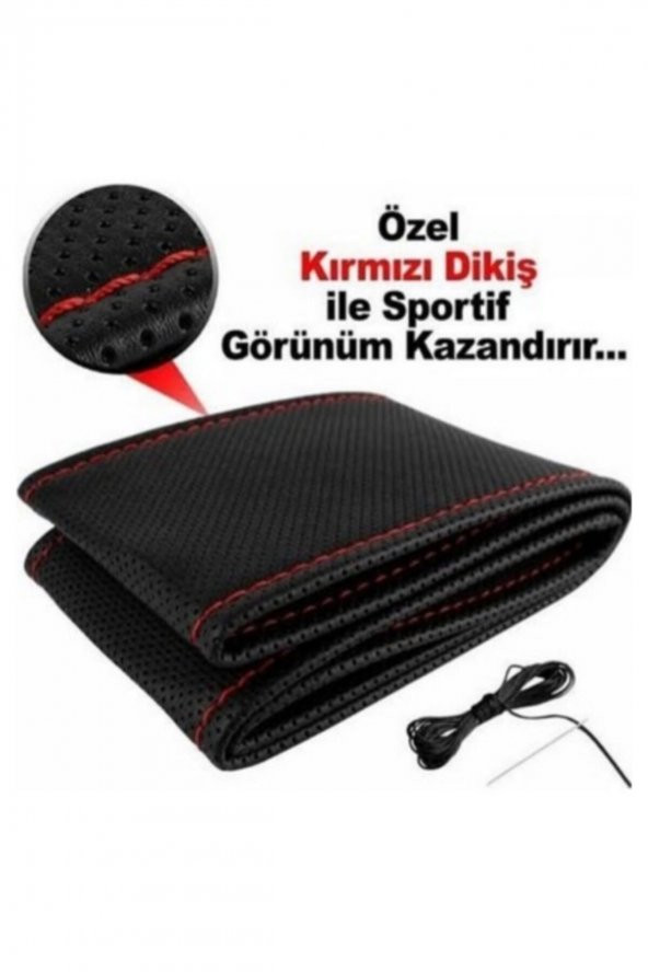 Universal Direksiyon Kılıfı Dikmeli Delikli Desen Kırmızı Ipli - 3