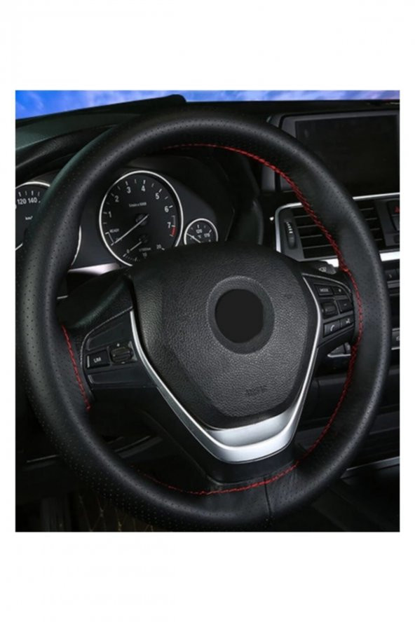 Universal Direksiyon Kılıfı Dikmeli Delikli Desen Kırmızı Ipli - 4