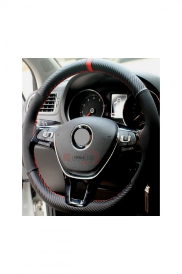 Universal Alkantra Karbon Dikmeli Direksiyon Kılıfı Kırmızı Yüzüklü - 2