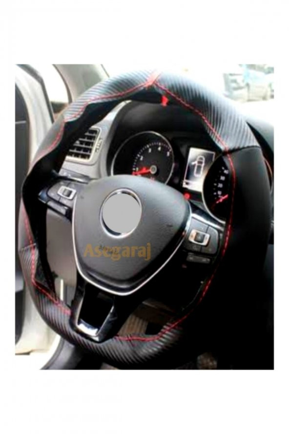 Universal Alkantra Karbon Dikmeli Direksiyon Kılıfı Kırmızı Yüzüklü - 3