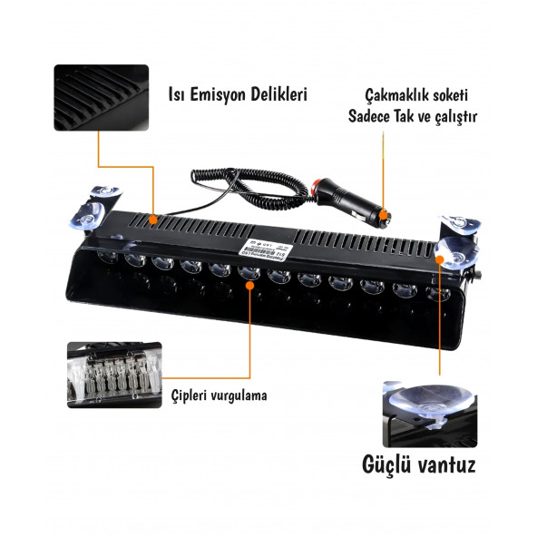 Carub 12 Ledli Çakar Vantuzlu Çakmaklık Girişli 12 Ledli Kırmızı-mavi 10 Modlu Profesyonel Çakar - 2