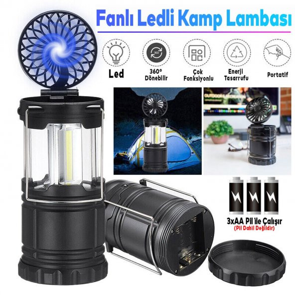 Ledli El Feneri Işıldak Kamp Lambası Vantilatörlü Fanlı Pilli Kızaklı Portatif Gece Lambası - 2