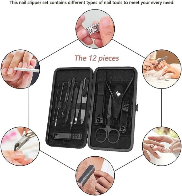 12 Parça Manikür Pedikür Seti Paslanmaz Çelik, Çantalı Siyah Tırnak Makası Bakım Seti - 3