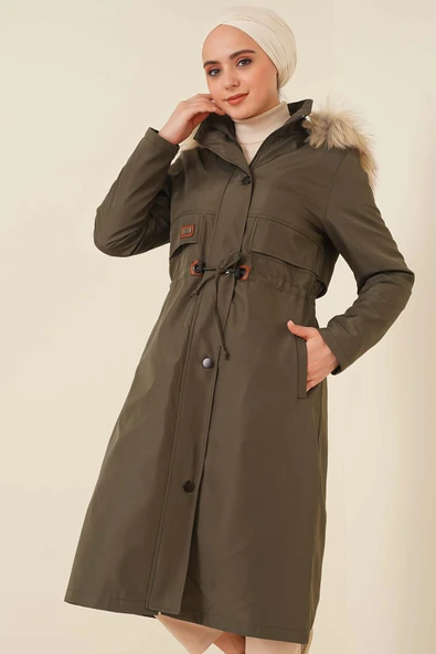 Armalı Bel Büzgülü Kaban Haki - 2