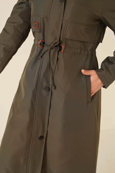 Armalı Bel Büzgülü Kaban Haki - 4