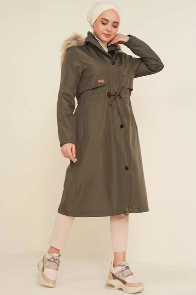 Armalı Bel Büzgülü Kaban Haki