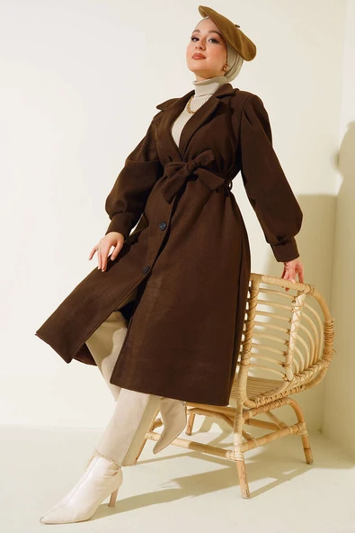 Balon Kollu Uzun Model Kahve Kaşe Kaban - Resim 2