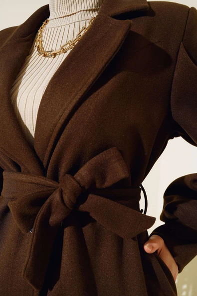 Balon Kollu Uzun Model Kahve Kaşe Kaban - Resim 4