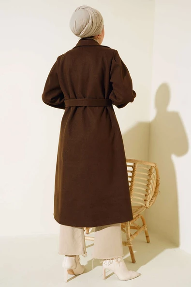 Balon Kollu Uzun Model Kahve Kaşe Kaban - Resim 3