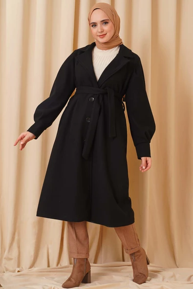 Balon Kollu Uzun Model Siyah Kaşe Kaban - 2