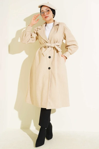 Balon Kollu Uzun Model Bej Kaşe Kaban ürün görseli 1