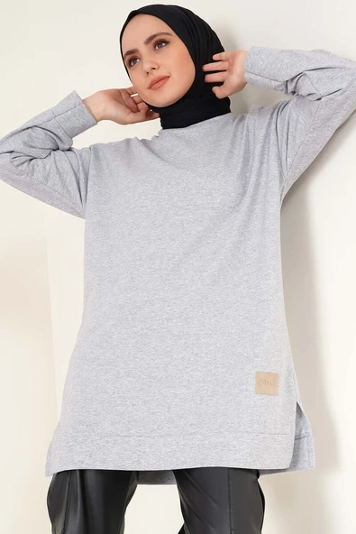 Arma Detaylı Yırtmaçlı Tunik Melanj Gri ürün görseli 1