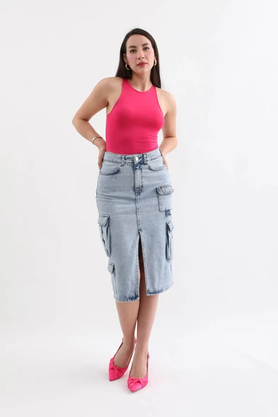 Kadın Kargo Cepli Önden Yırtmaçlı Jean Etek Buz Mavi - 3