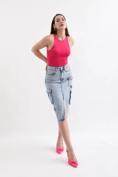 Kadın Kargo Cepli Önden Yırtmaçlı Jean Etek Buz Mavi - 7