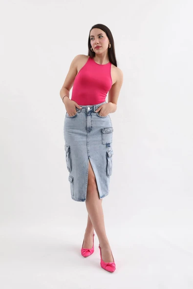 Kadın Kargo Cepli Önden Yırtmaçlı Jean Etek Buz Mavi - 5