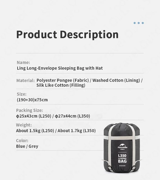 Naturehike L250 Zarf Tarzı Kapüşonlu Uyku Tulumu -10°C  Mavi Right - Resim 12