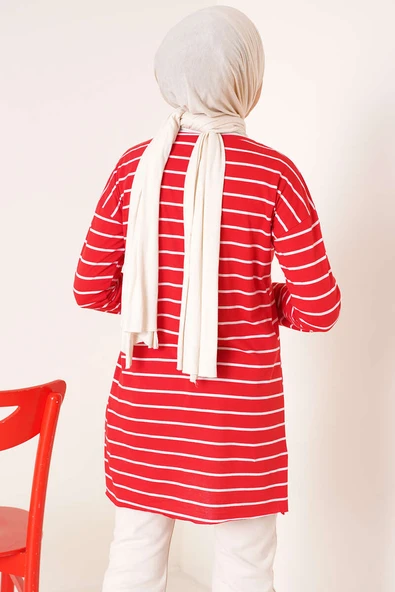 Şeritli Tunik Kırmızı - Resim 3