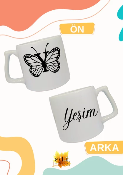 Y Harfi Siyah Kelebekli İsim Yazılı Çift Yön Baskılı Lüks Seramik Kupa Bardak Çay-kahve Bardağı