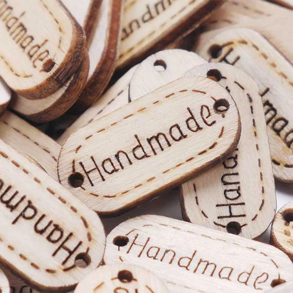 Hand Made Yazılı Oval Ahsap Etiket Düğme (20 Adet) - 2