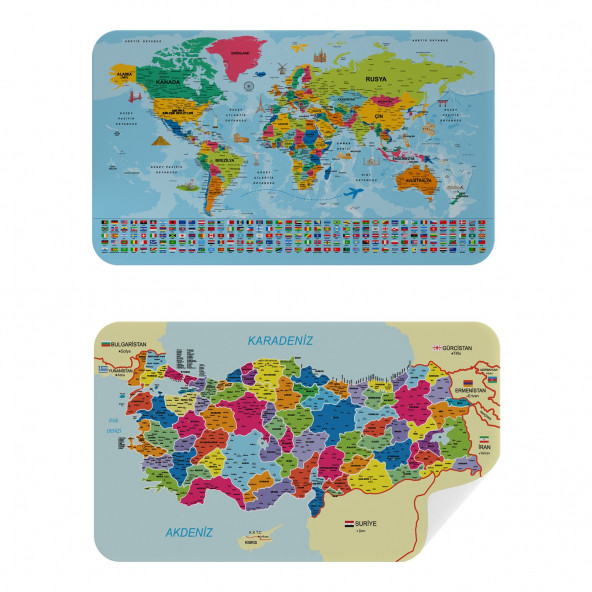 Türkçe Dünya ve Türkiye Haritası Ülke Bayraklı Çocuk Odası Genç Odası Duvar Stickerı 2'li Set