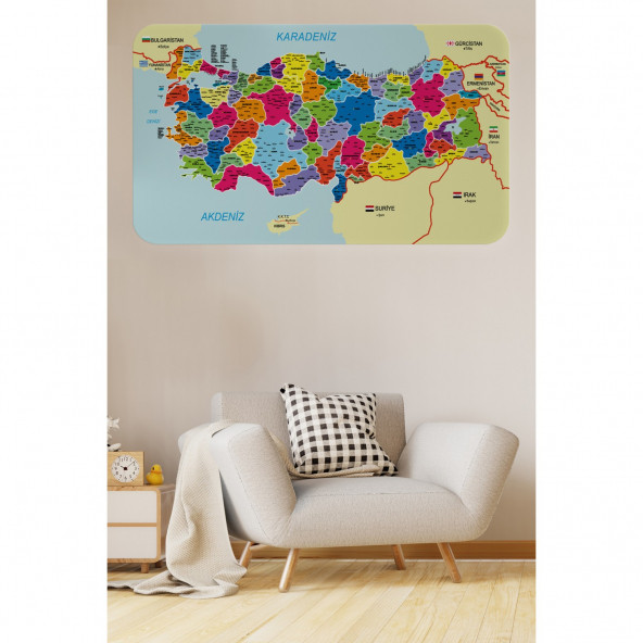 Eğitici ve Öğretici Detaylı Dekoratif Komşulu Türkiye Haritası Duvar Sticker 135 x 80 cm - 2