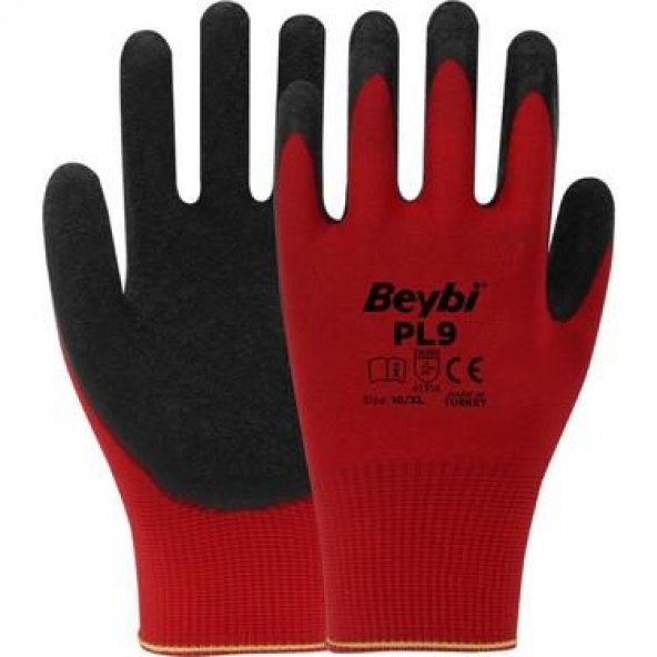 Beybi PL9 Polyester Örme Eldiven Eldiven Kırmızı Siyah 10 No