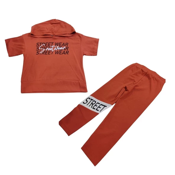 YAVRUCAK STREET WEAR BASKILI KAPŞONLU TAYTLI KIZ ÇOCUK TAKIM - 4